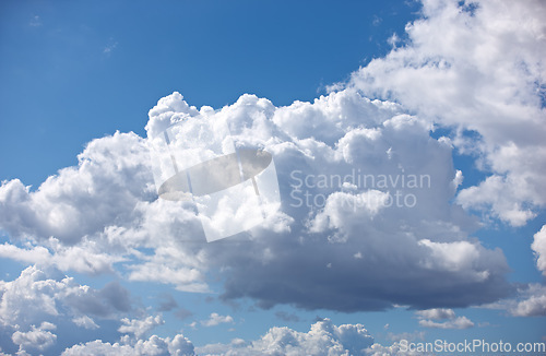 Image of Nature, space and weather with clouds in blue sky for heaven, peace and climate. Sunshine, mockup and dream with fluffy cloudscape in ozone air for freedom, pattern and environment meteorology