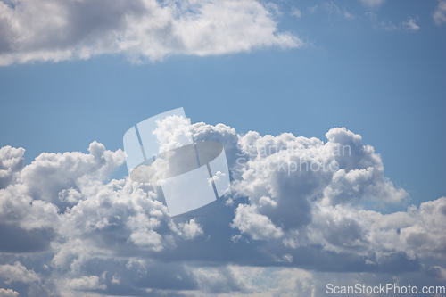 Image of Nature, space and sunshine with clouds in blue sky for heaven, peace and climate. Environment, mockup and dream with fluffy cloudscape in ozone air for freedom, pattern and weather meteorology