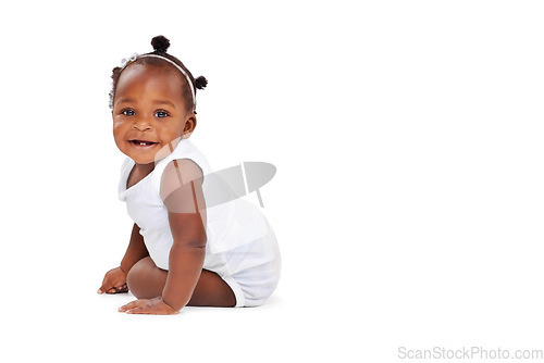 Image of Smile, portrait and African girl baby with mockup isolated on white background with playful happiness and growth. Learning, playing and sitting, happy face of black child on studio backdrop and space