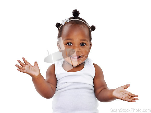 Image of Smile, portrait and African girl baby isolated on white background with playful happiness and growth. Learning, playing and sitting, happy face of black child on studio backdrop and kids open hands.