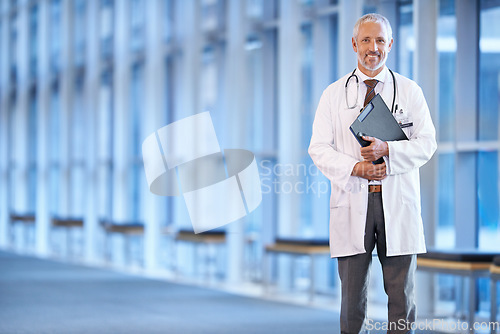 Image of Portrait, senior man and doctor with a document, hospital and file with a smile, information and healthcare. Face, mature male person and medical professional with paperwork, research and career