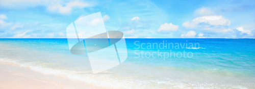 Image of Sea, blue sky and landscape with beach and travel, white sand and summer vacation outdoor in Hawaii. Environment, horizon and seaside location with tropical destination and journey on island