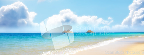 Image of Water, beach and ocean landscape with clouds in the sky or travel to a tropical paradise, dream vacation or island holiday, Hawaii, summer wallpaper and relax in nature, sun and blue sea waves