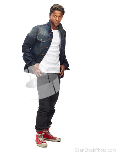 Image of Fashion, serious and portrait of man on a white background with confidence, attitude and pride in studio. Model, confident and isolated young male person with trendy clothes, style and denim jacket