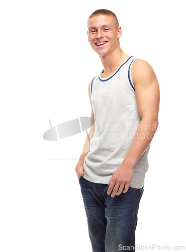 Image of Happy, fashion and portrait of man in studio with confidence, attractive and pride on white background. Smile, confident and isolated handsome, strong and young male person with trendy casual clothes