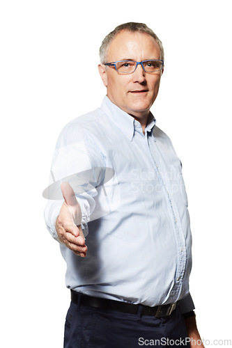 Image of Business man, handshake and studio portrait with welcome, recruitment or onboarding by white background. Isolated senior businessman, open palm and shaking hands for hiring, greeting and respect