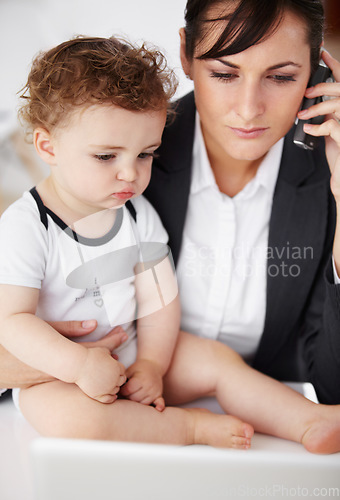 Image of Woman, home office and phone call with baby, laptop or care with talk, reading or multitasking at desk. Mother, young boy child and cellphone for networking, bond or remote work at pc in family house