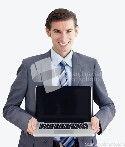 Image of Laptop, mockup and portrait of business man in studio for website, email and administration. Happy, smile and technology with male employee in white background for corporate, internet and networking