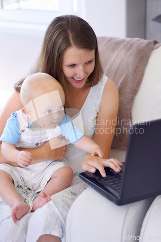 Image of Video call, baby and mother with a laptop, care and connection with social media, nurture and happiness. Mama, mom and female parent with a newborn, infant and pc for conversation, love and network