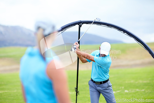 Image of Ring, drive or beginner golfer in golf course lesson for fitness, workout or exercise to learn to swing. Coaching, golfing or male athlete training with instructor for driving with a club stroke