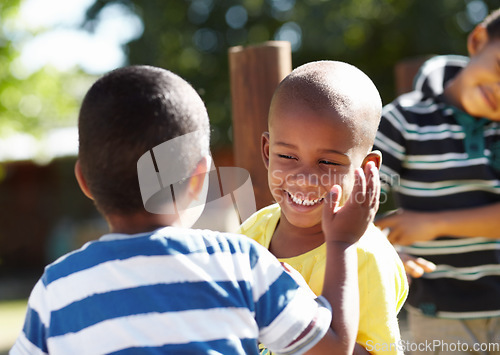 Image of Playground, happy kids or friends in a park playing together outdoors in nature on preschool break. Happiness, diversity or fun children with a smile laughing, smiling or bonding in kindergarten