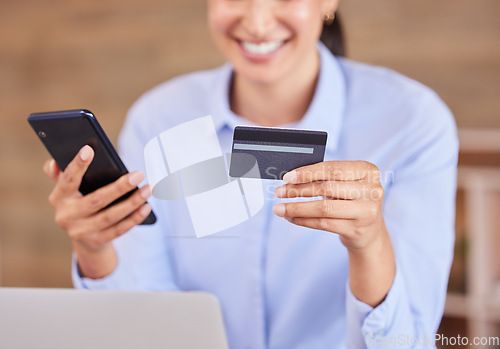 Image of Business woman, phone and credit card for online shopping, payment or banking at the office. Happy female person, shopper or employee with smile in ecommerce on mobile smartphone at the workplace