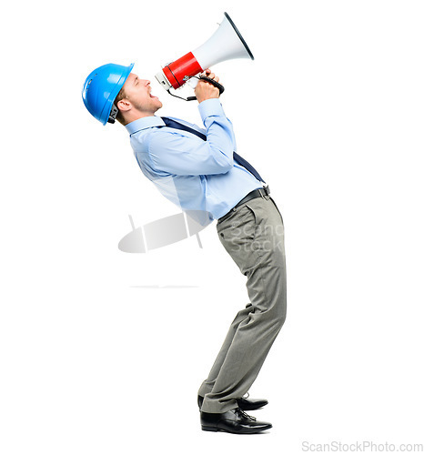 Image of Construction worker, engineer and a man shouting into a megaphone in studio isolated on a white background. Architect, builder and a male designer screaming during a project for property development