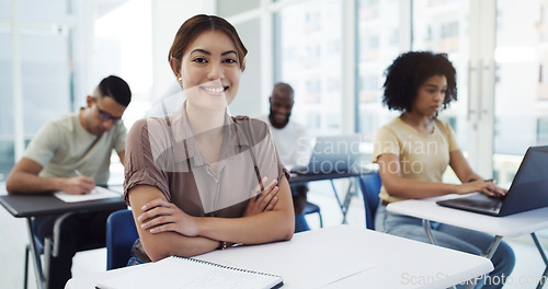 Image of Portrait, education and girl college student in classroom for learning, lecture or studying at academy. Face, woman or happy university learner smile in lecture for future, career development or exam