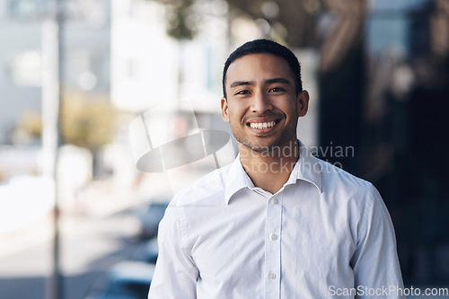 Image of Happy, smile and portrait of business man in city for corporate, professional and natural. Happiness, entrepreneur and pride with face of male employee in outdoors for mindset, career and positive