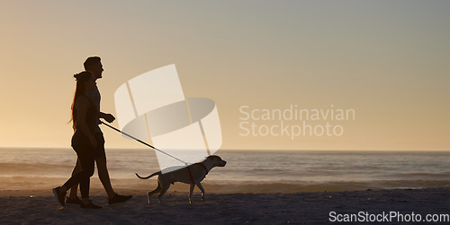 Image of Couple, dog or silhouette at beach, walking or mockup space by sunset sky background, summer and dusk. People, pet and outdoor by ocean, nature or together in mock up for holiday, vacation or freedom