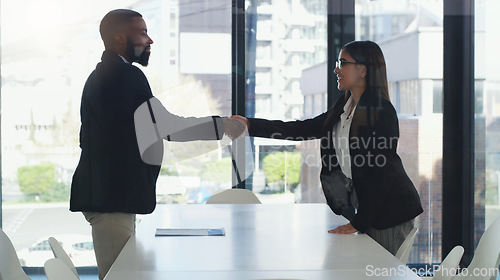 Image of Deal, welcome and handshake with business people in meeting for teamwork, partnership and contract. Collaboration, thank you and job interview with man and woman in office for hiring and networking