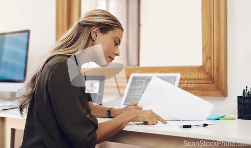 Image of Business woman, documents and accountant check report for information, financial data or analysis. Paperwork, auditor and female professional checking for auditing, planning or bookkeeping in office.