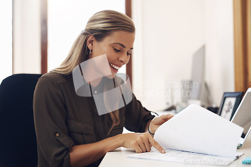 Image of Documents, business woman and accountant reading report for information, financial data or analysis. Paperwork, auditor and happy female professional check contract, review and bookkeeping in office.