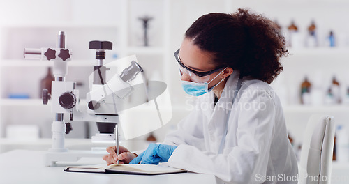 Image of Science, writing and woman scientist with microscope for research, medicine and data analysis in lab. Laboratory, healthcare and lady health expert with book for medical, results and sample checklist