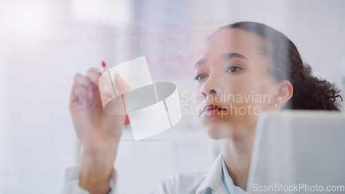 Image of Science, laboratory and woman writing chemistry formula for research, analytics and study results on glass. Healthcare, pharmaceutical and female scientist in lab write for planning, data or solution