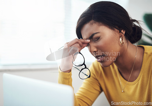 Image of Pain, headache and business woman on laptop for stress, mental health problem and burnout or tired. Depression, anxiety and fatigue african person with glasses, migraine and brain fog on her computer