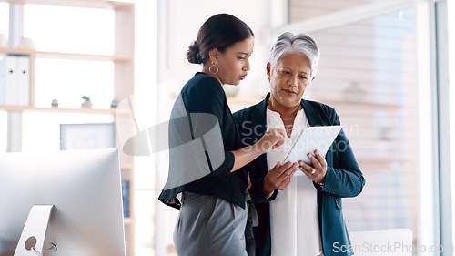 Image of Collaboration, mentor and business women with tablet for discussion, cooperation and planning. Technology, teamwork and senior manager with female accountant, training intern and coaching in office.