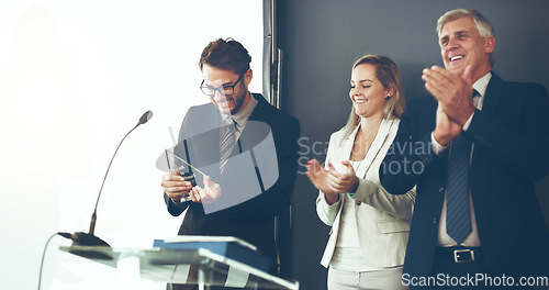 Image of Business people, staff and employee with an award, applause or promotion with celebration, achievement or goal. Corporate, group or team with consultant, success or clapping with company development