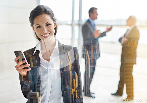 Image of Phone, portrait and business woman with double exposure of city for corporate networking and online chat. Cellphone, happy news and social media on mobile with professional person in office overlay