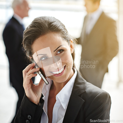 Image of Business, phone call and happy woman thinking of communication, networking and employee engagement chat. Ideas, news or online solution of corporate manager or business people talking on mobile voip