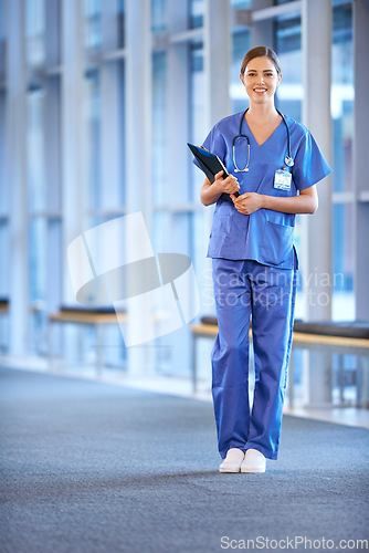 Image of Healthcare, portrait and nurse with a chart at hospital with smile in medicine or cardiology or intern. Female medical, assistant and nursing with paperwork for medicare information at clinic.