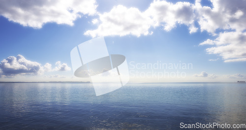 Image of Seascape, cloud and sky with space in outdoor with mockup in south africa for travel in summer. Water, environment and calm or ocean with horizon in background for holiday or banner in nature.