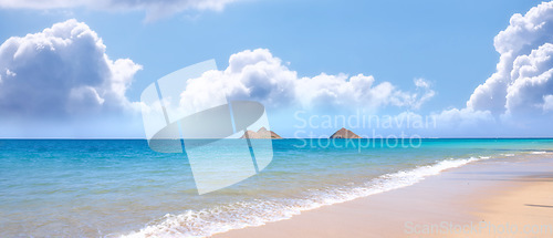 Image of Beach, water and ocean landscape with clouds in the sky or travel to a tropical paradise, dream vacation or island holiday, Hawaii, summer wallpaper and relax in nature, sun and blue sea waves