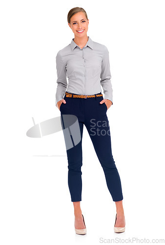 Image of Business woman, portrait smile and full body standing in confidence against a white studio background. Isolated female person, employee or model posing or smiling with hands in pocket on mockup space