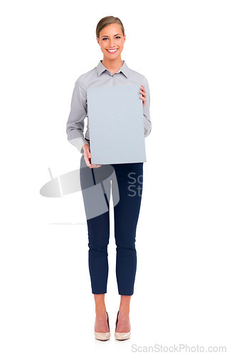 Image of Business woman, portrait smile and billboard for advertising or marketing against a white studio background. Isolated happy female person holding sign or poster for advertisement on mockup space