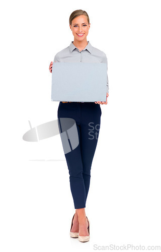 Image of Business woman, portrait and billboard for advertising or marketing against a white studio background. Isolated happy female person holding sign or poster with smile for advertisement on mockup space