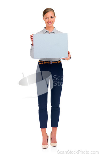 Image of Woman, portrait smile and poster for advertising or marketing against a white studio background. Isolated happy female person holding sign, placard or billboard for advertisement with mockup space