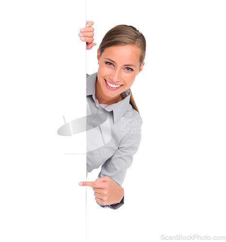 Image of Pointing, portrait and a woman with a poster for business isolated on a white background in a studio. Mockup, happy and a brand ambassador with blank signage space for advertising and marketing