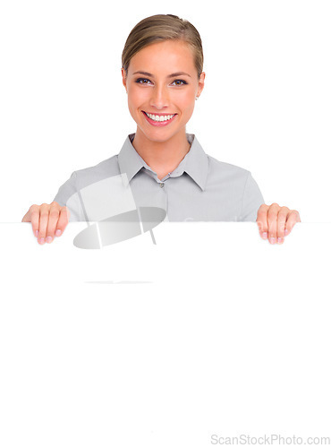 Image of Happy woman, portrait and billboard for advertising or marketing against a white studio background. Isolated female person smile with poster, sign or banner for business advertisement on mockup space