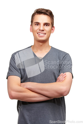 Image of Style, crossed arms and portrait of man with smile in studio with confidence, attractive and pride on white background. Happy, fashion and face of isolated handsome male person with positive mindset