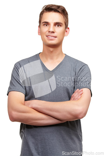 Image of Fashion, crossed arms and portrait of man in studio with confidence, attractive and pride on white background. Happy, confident and face of isolated handsome male person with trendy casual clothes