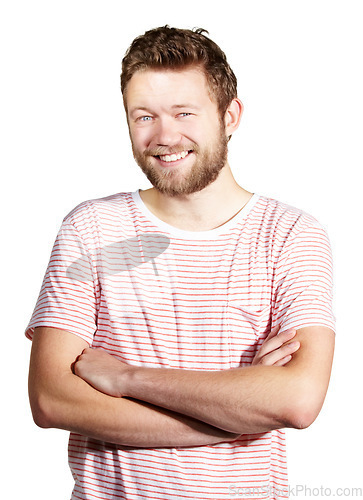 Image of Fashion, confidence and portrait of man on a white background with crossed arms, happy and pride in studio. Stripes, confident and face of isolated handsome male person with trendy casual clothes