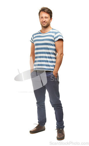 Image of Fashion, confident and portrait of man on a white background with confidence, happy and pride in studio. Smile, handsome and full body of isolated male person with trendy, stylish and casual clothes