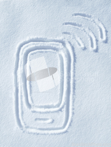 Image of Illustration, phone call and snow drawing with emergency and network on ground showing sos or signal. Communication, mobile screen and internet connection graphic and sign on floor of snowing and ice