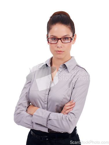 Image of Serious portrait, arms crossed and business woman for professional, expert legal work or pride of law firm or job. Justice, studio attorney or confident female lawyer isolated on white background