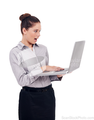 Image of Laptop, studio surprise and corporate woman shocked over business notification, email announcement or OMG news. Wow, reading online information and professional person isolated on white background