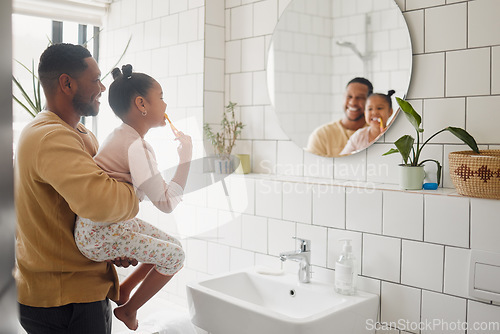 Image of Brushing teeth, father and child in home bathroom for dental health and cleaning in mirror. African man, girl kid or learning to clean mouth with toothbrush for morning fun, oral hygiene or self care