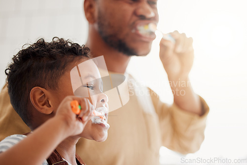 Image of Brushing teeth, child and dad in a home bathroom for dental health and wellness. Face of a man and african kid learning to clean mouth with a toothbrush and toothpaste for oral hygiene and self care