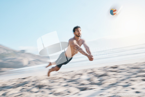 Image of Sports, moving and man with volleyball, beach or exercise, competition or workout for wellness. Male person, athlete and player with fitness, seaside and game with speed, sand and health with cardio
