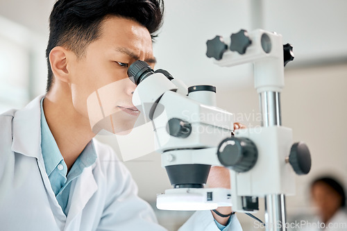 Image of Medical, science and microscope with an asian man doctor working in a lab for research or innovation. Healthcare, investigation and experiment with a male scientist in a laboratory for analysis